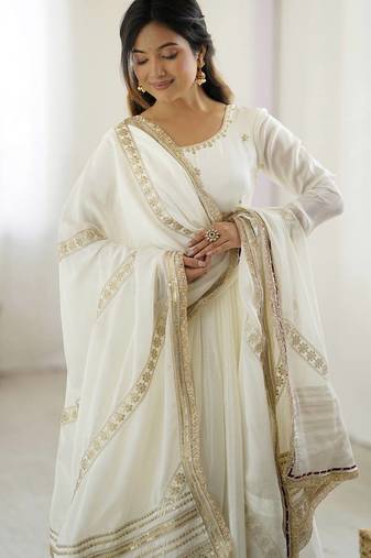 Off White Color Embroidered Chinon Silk Long Kurti (Gown) Set