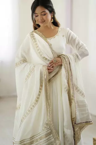 Off White Color Embroidered Chinon Silk Long Kurti (Gown) Set