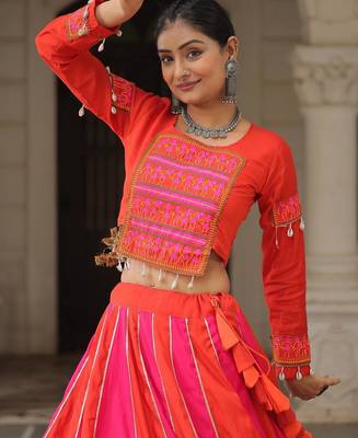 Orange Embroidery  Navratri Lehenga Choli with Full Sleeves Choli Garba Dress 3