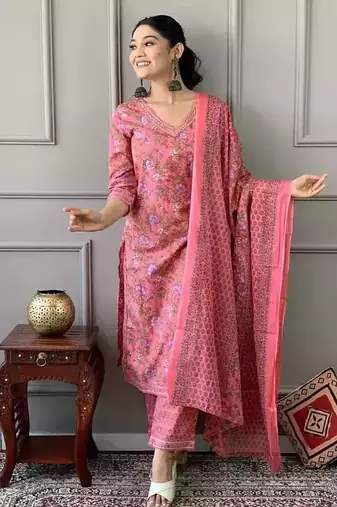 Rose Pink Printed Cotton Kurta and Pant Set