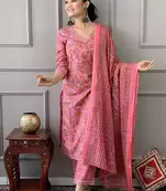 Rose Pink Printed Cotton Kurta and Pant Set
