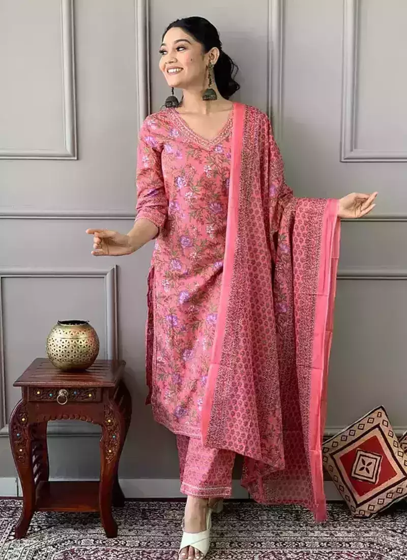 Rose Pink Printed Cotton Kurta and Pant Set