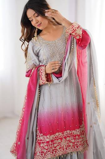 Light Grey Color Embroidered And Sequence Work Chinon Silk  Kurti Sharara Set