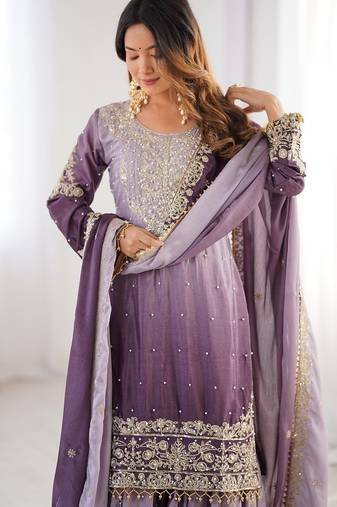 Lavender Color Embroidered And Sequence Work Chinon Silk  Kurti Sharara Set