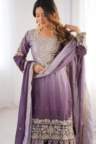 Lavender Color Embroidered And Sequence Work Chinon Silk  Kurti Sharara Set
