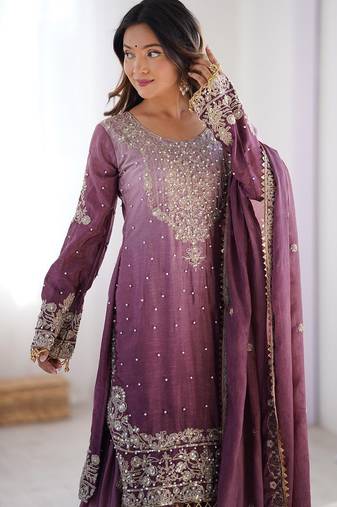 Light Plum Color Embroidered And Sequence Work Chinon Silk  Kurti Sharara Set