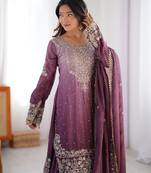 Light Plum Color Embroidered And Sequence Work Chinon Silk  Kurti Sharara Set