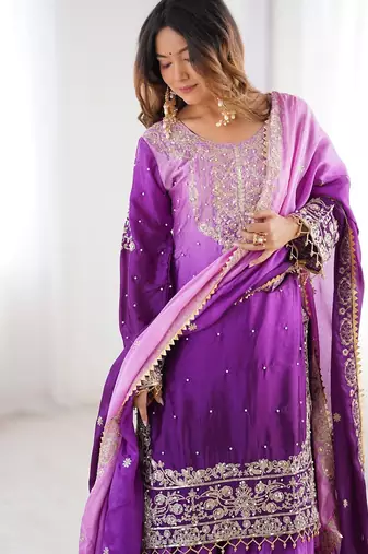 Purple Color Embroidered And Sequence Work Chinon Silk  Kurti Sharara Set