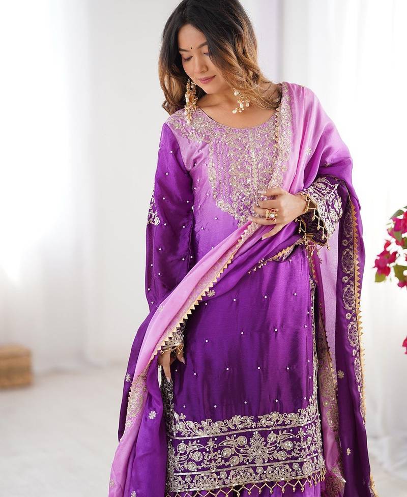 Purple Color Embroidered And Sequence Work Chinon Silk  Kurti Sharara Set