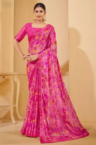 Pink digital floral print chiffon banarsi border saree with unstitch blouse
