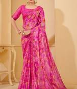 Pink digital floral print chiffon banarsi border saree with unstitch blouse