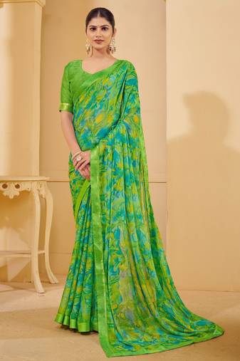 Green digital floral print chiffon banarsi border saree with unstitch blouse