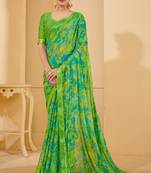 Green digital floral print chiffon banarsi border saree with unstitch blouse