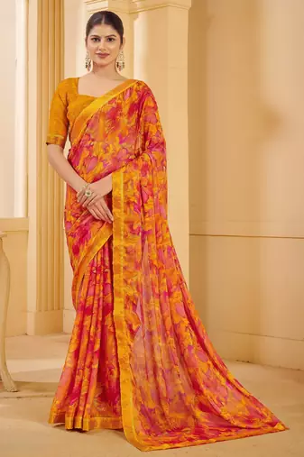 Yellow pink digital floral print chiffon banarsi border saree with unstitch blouse