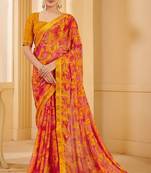 Yellow pink digital floral print chiffon banarsi border saree with unstitch blouse