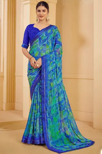 Blue green digital floral print chiffon banarsi border saree with unstitch blouse