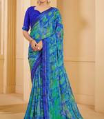 Blue green digital floral print chiffon banarsi border saree with unstitch blouse