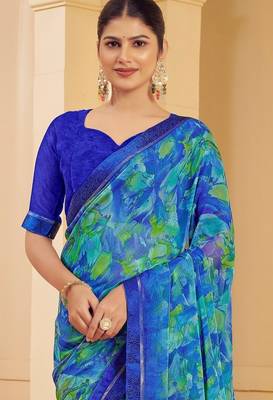 Blue green digital floral print chiffon banarsi border saree with unstitch blouse 2