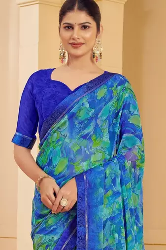 Blue green digital floral print chiffon banarsi border saree with unstitch blouse
