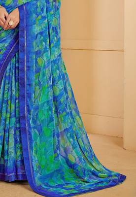 Blue green digital floral print chiffon banarsi border saree with unstitch blouse 3