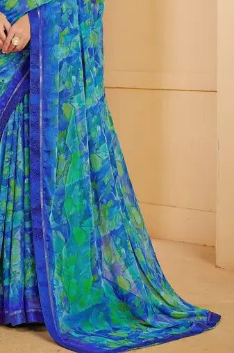 Blue green digital floral print chiffon banarsi border saree with unstitch blouse