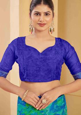 Blue green digital floral print chiffon banarsi border saree with unstitch blouse 4