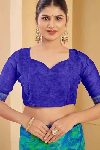 Blue green digital floral print chiffon banarsi border saree with unstitch blouse