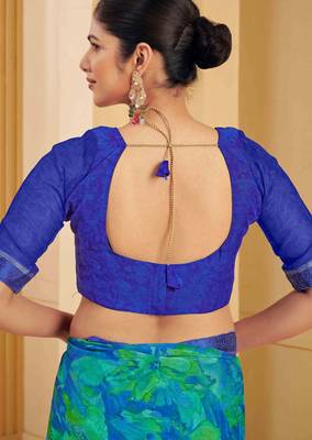 Blue green digital floral print chiffon banarsi border saree with unstitch blouse 5