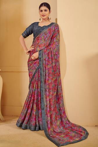 Muilticolor digital floral print chiffon banarsi border saree with unstitch blouse