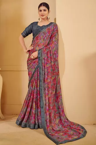 Muilticolor digital floral print chiffon banarsi border saree with unstitch blouse