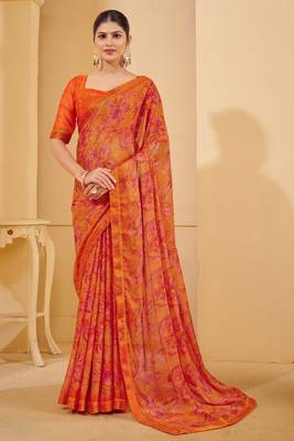 Orange digital floral print chiffon banarsi border saree with unstitch blouse 1