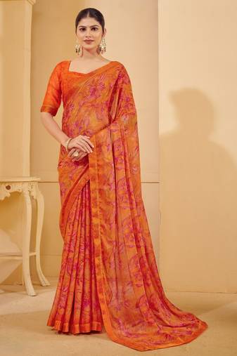 Orange digital floral print chiffon banarsi border saree with unstitch blouse