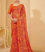 Orange digital floral print chiffon banarsi border saree with unstitch blouse
