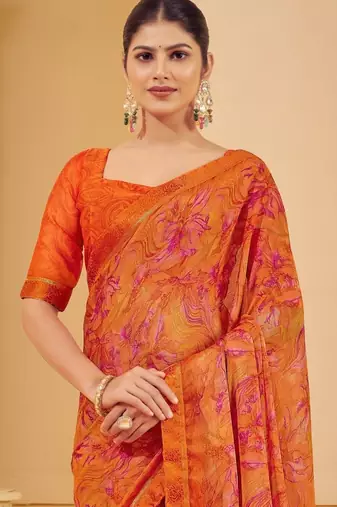 Orange digital floral print chiffon banarsi border saree with unstitch blouse