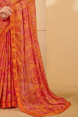 Orange digital floral print chiffon banarsi border saree with unstitch blouse 3