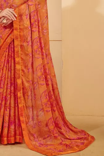 Orange digital floral print chiffon banarsi border saree with unstitch blouse