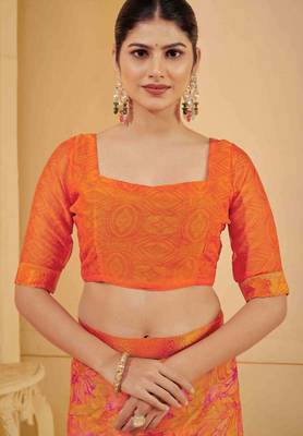 Orange digital floral print chiffon banarsi border saree with unstitch blouse 4