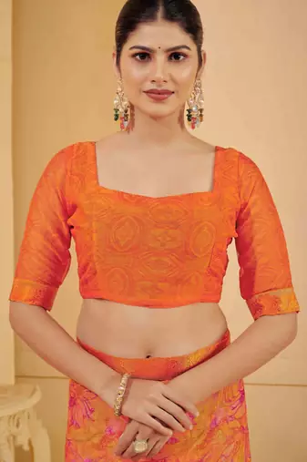 Orange digital floral print chiffon banarsi border saree with unstitch blouse