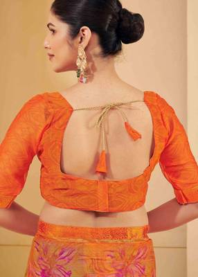 Orange digital floral print chiffon banarsi border saree with unstitch blouse 5