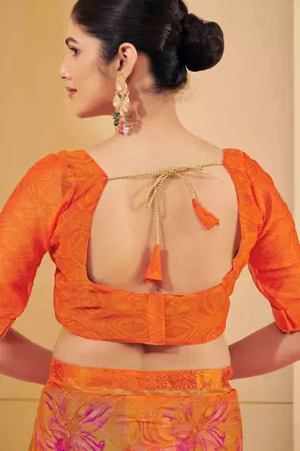 Orange digital floral print chiffon banarsi border saree with unstitch blouse