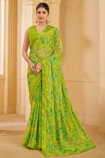 Green digital floral print chiffon banarsi border saree with unstitch blouse