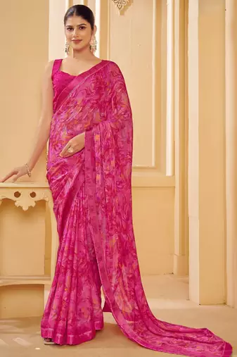 Pink digital floral print chiffon banarsi border saree with unstitch blouse
