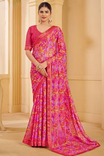 Pink digital floral print chiffon banarsi border saree with unstitch blouse