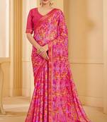 Pink digital floral print chiffon banarsi border saree with unstitch blouse