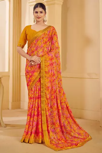 Yellow pink digital floral print chiffon banarsi border saree with unstitch blouse
