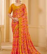 Yellow pink digital floral print chiffon banarsi border saree with unstitch blouse
