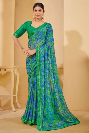 Sea green digital floral print chiffon banarsi border saree with unstitch blouse