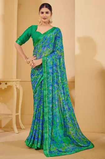 Sea green digital floral print chiffon banarsi border saree with unstitch blouse