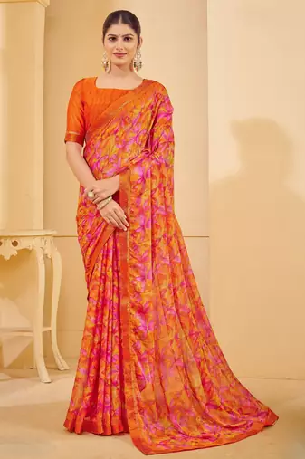 Orange digital floral print chiffon banarsi border saree with unstitch blouse