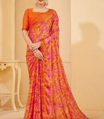 Orange digital floral print chiffon banarsi border saree with unstitch blouse